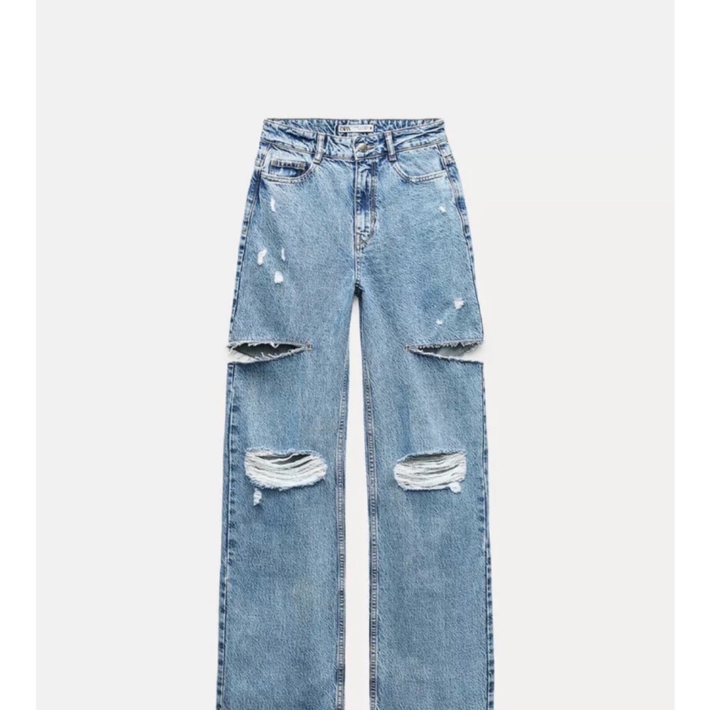 Zara Light Blue Ripped Wide-Leg Jeans